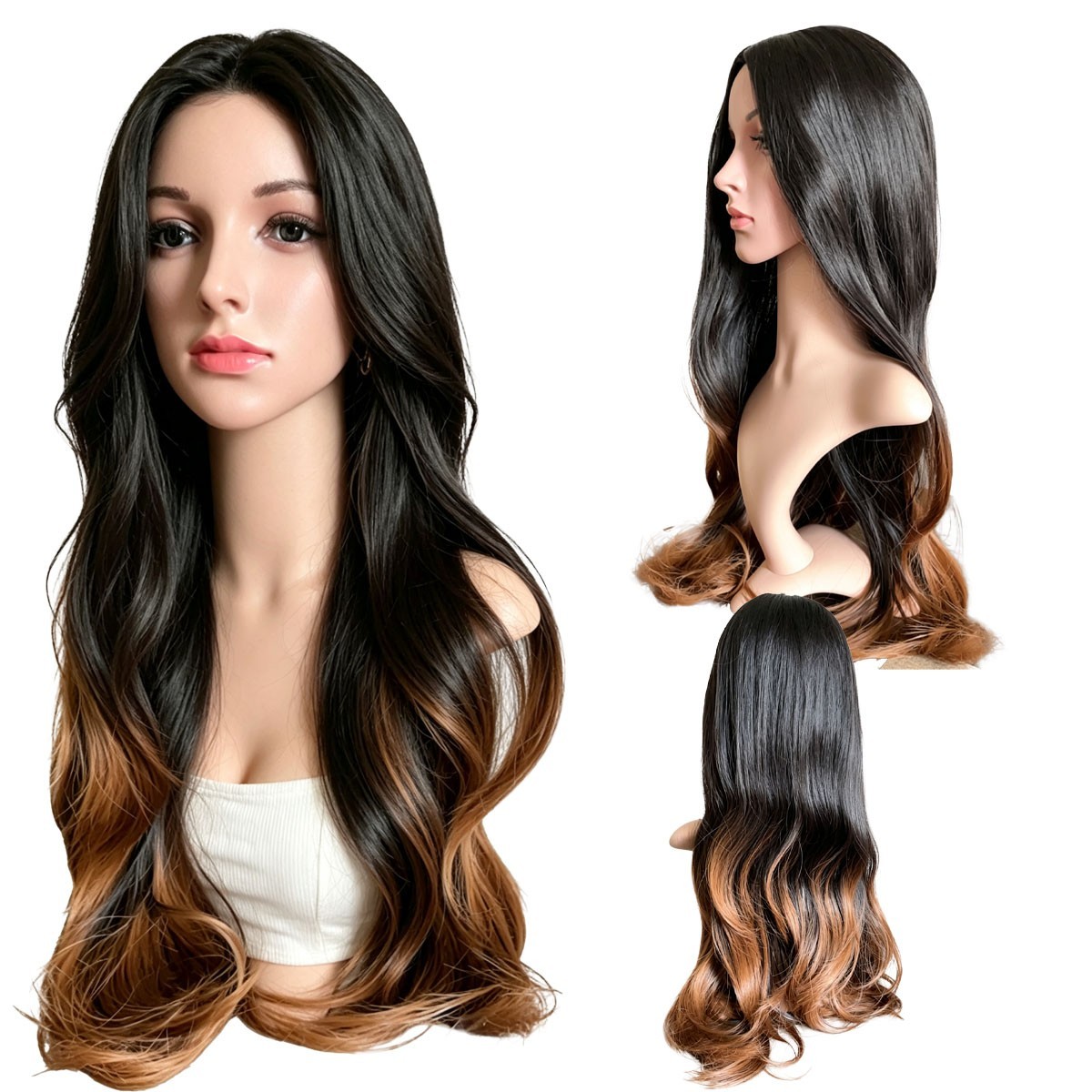 Black to Brown Ombre Long Wavy Synthetic Wig for Women Natural Middle Part Hair