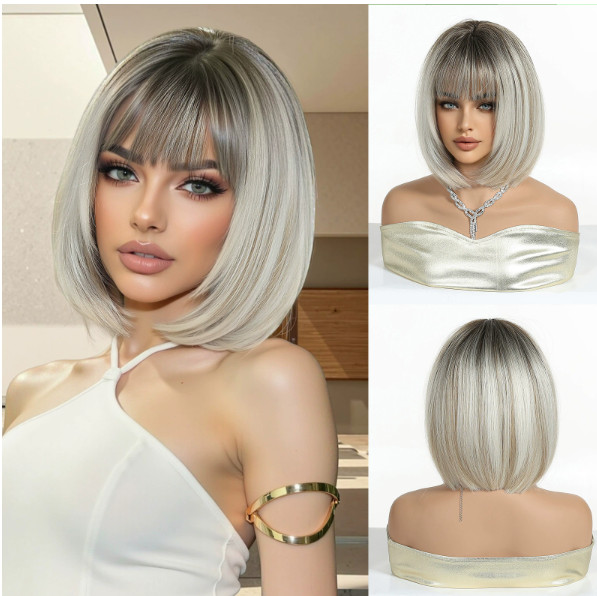 Straight Bob Hairstyle Rooted Blonde Brown Mix Synthetic Hair Wigs With Bangs