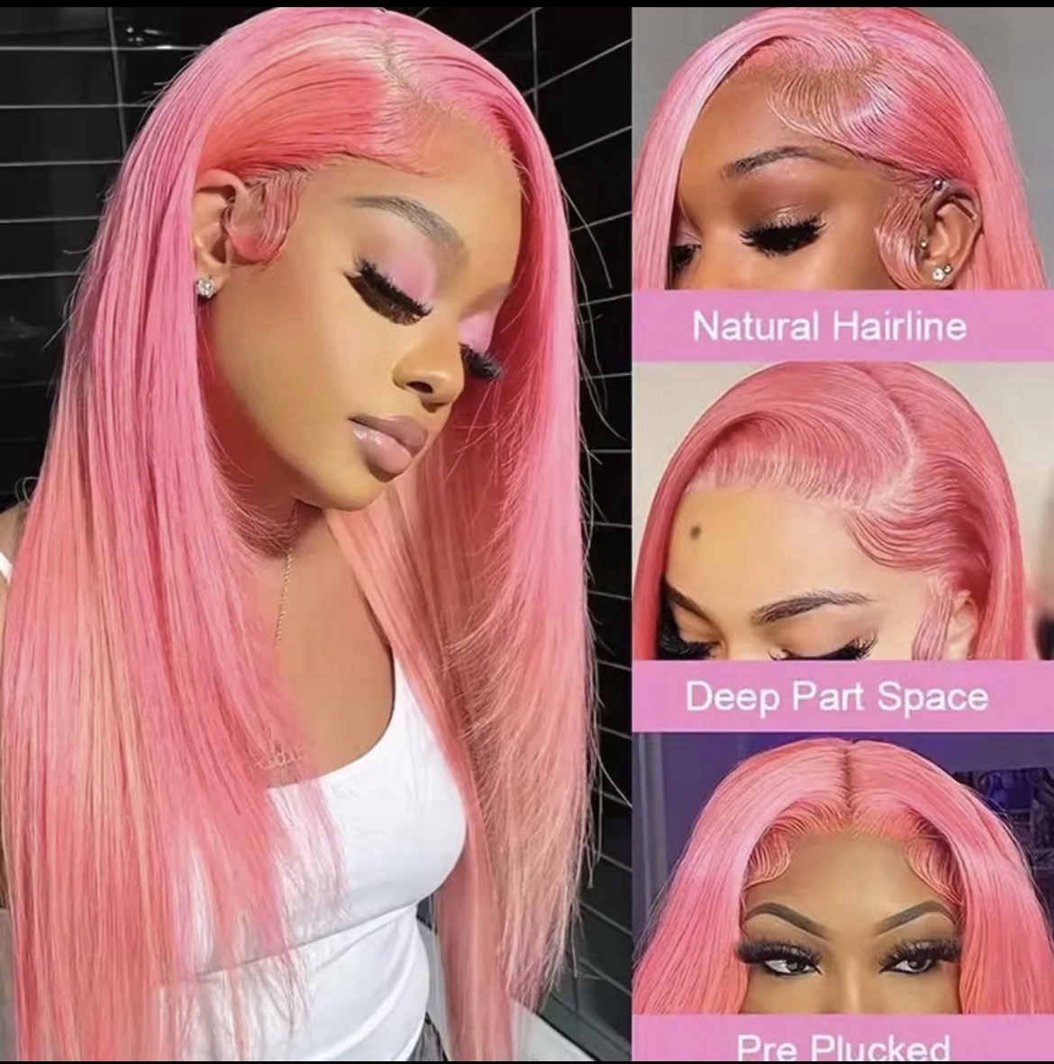 Finros HD Lace Front Human Hair Wig Straight Pink Free-Part Pre Plucked 31-40in