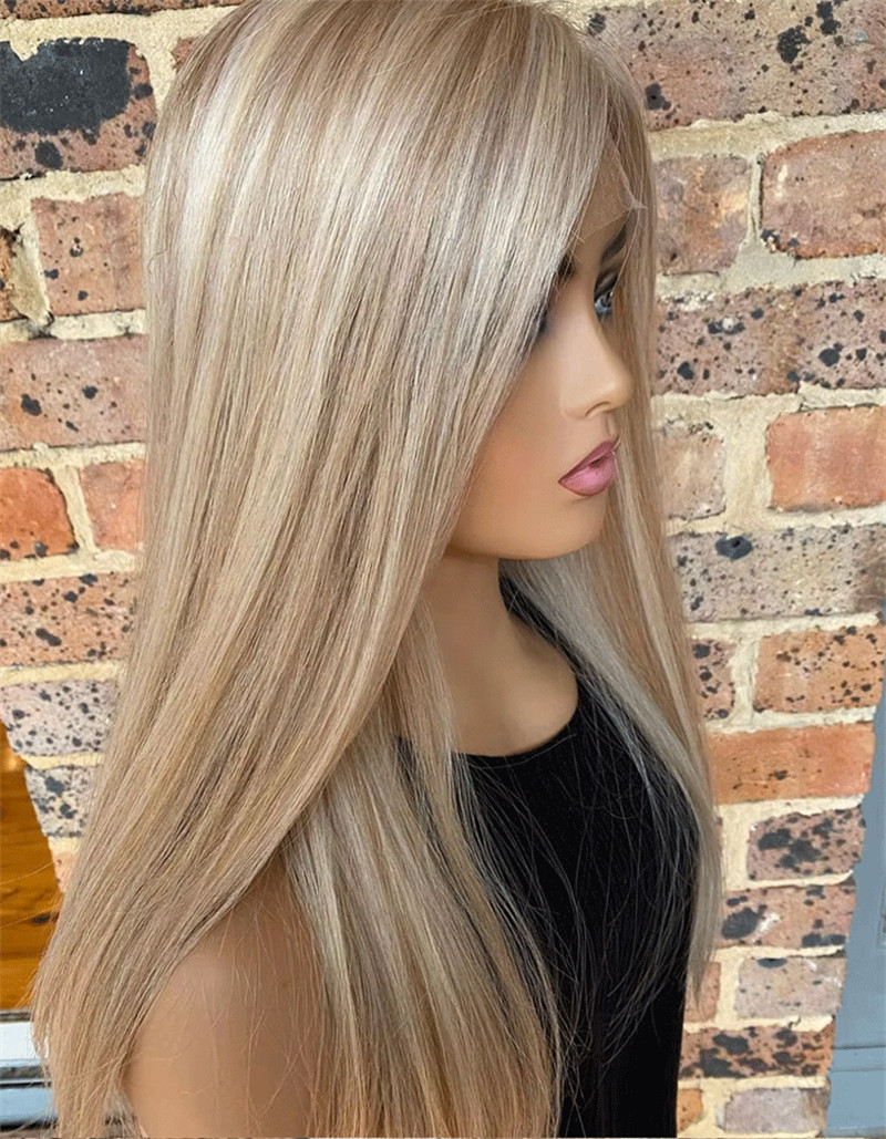 Long Straight Ash Beige Blonde Highlight Wigs Lace Front Wig for Women Daily