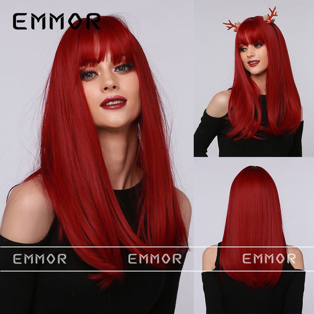 Berry Red Medium Straight Wig with Bangs Skin Brightening Full Head Synthetic