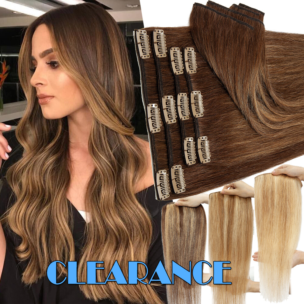 S-nolite 100% Human Hair Clip In REAL REMY Hair Extensions Full Head Balayage US