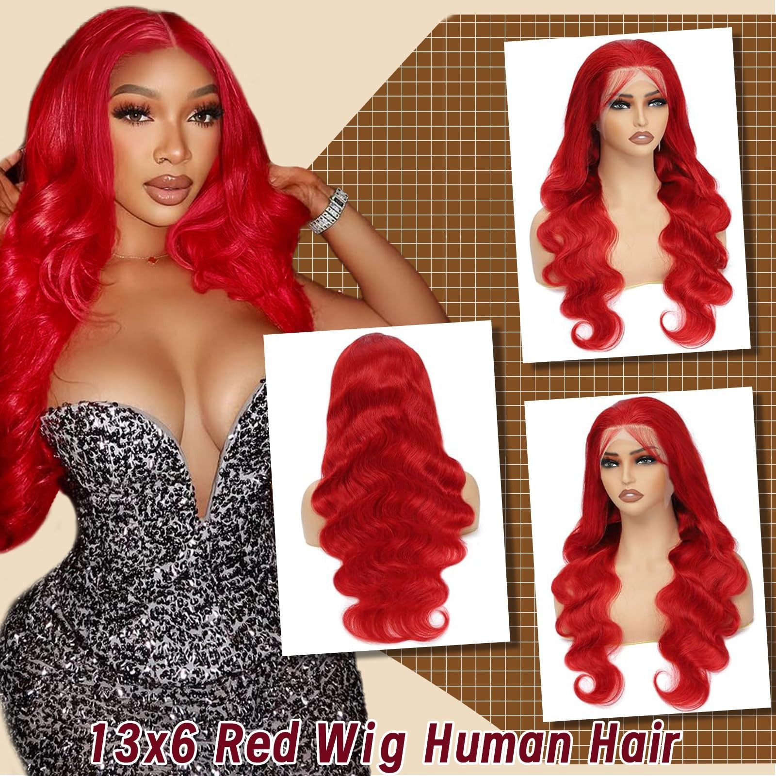 30″ 13×6 Body Wave Red Human Hair Wig – HD Lace Front, Pre-Plucked, 200 Density