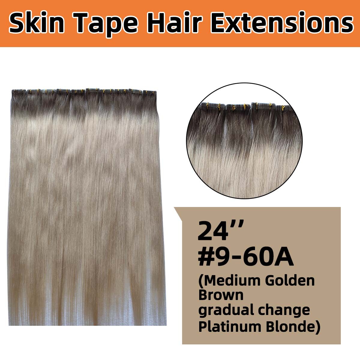 24 inches 100% Remy Human Hair Skin Tape in Hair Extensions # 9-60A Free Cut