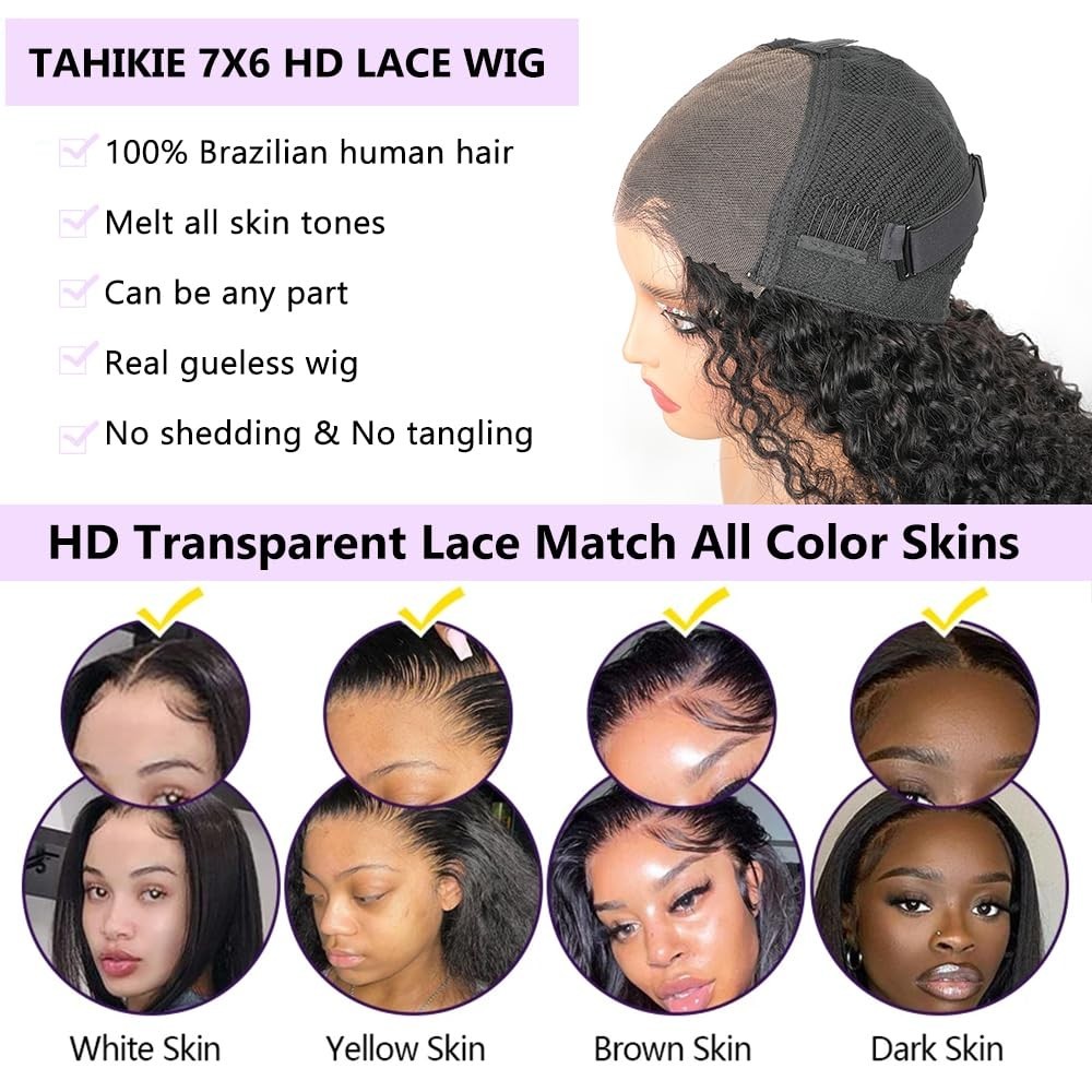 26″ 7×6 Curly Glueless Wig Human Hair, Pre-Plucked, 250% Density, HD Lace, Natur
