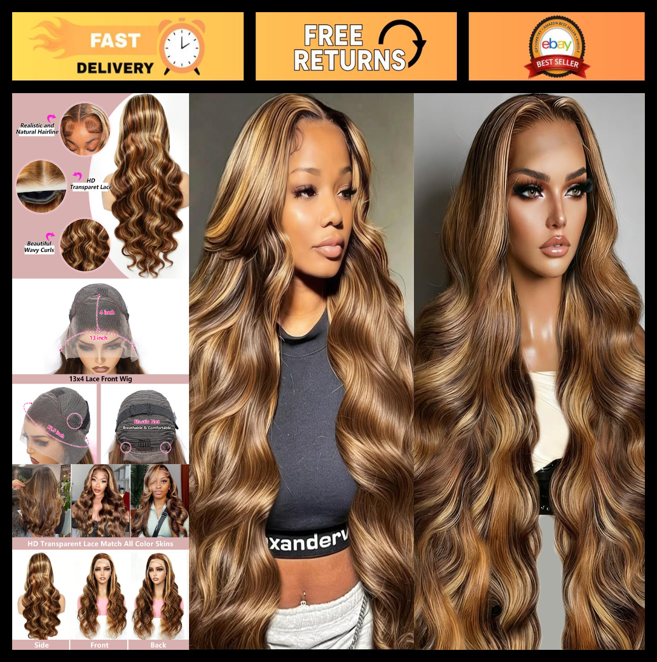 30″ Honey Blonde Ombre Lace Front Wig – Human Hair, Body Wave, 180% Density, Pre