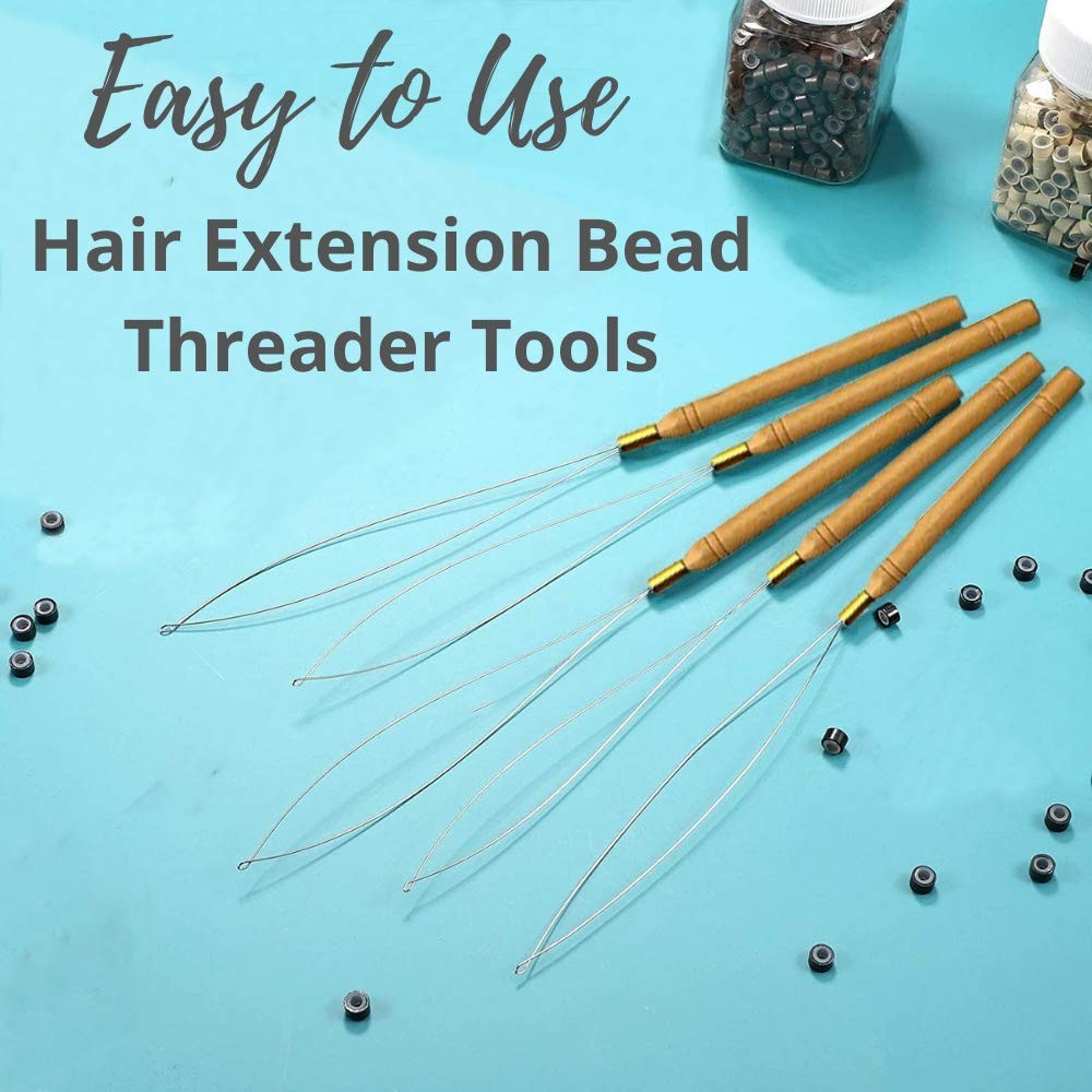 5 Wooden Hair Extensions Loop Needle Threader Wire Pulling Hook Tool for