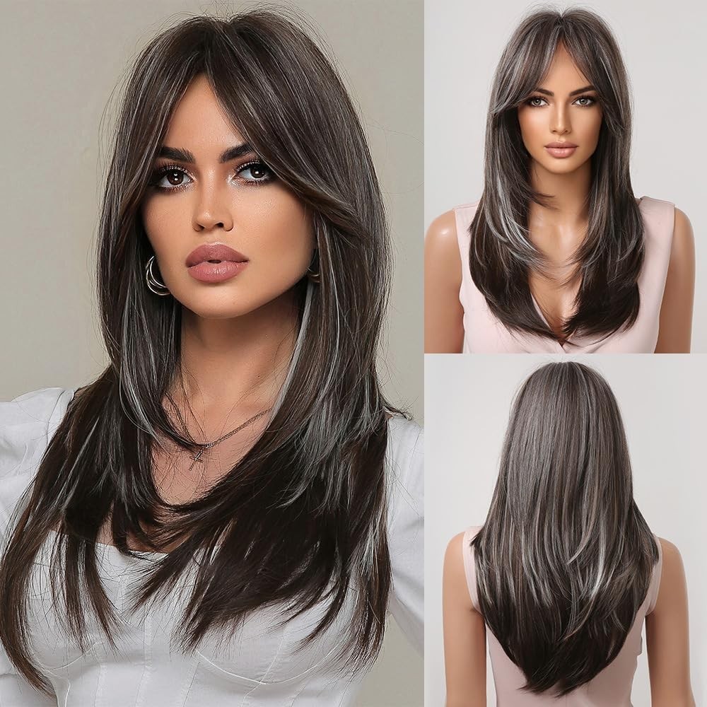 Heat Resistant Hair Long Straight Mixed Brown blonde Cosplay Wigs With Fringe