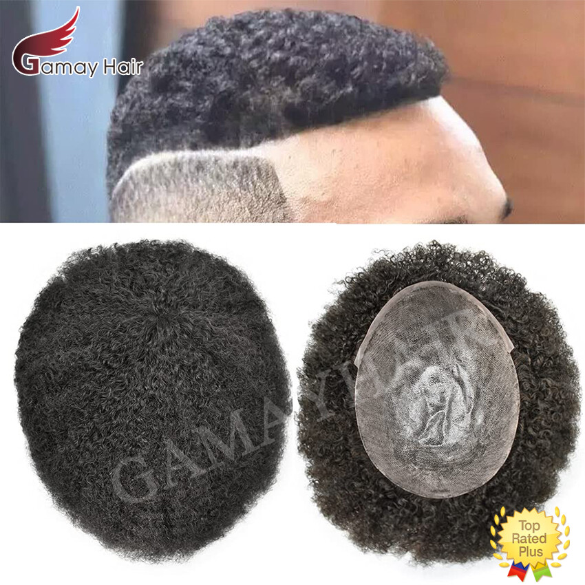 Afro Curly Mens Toupee Full Poly Skin African American Black Human Hairpiece 6mm