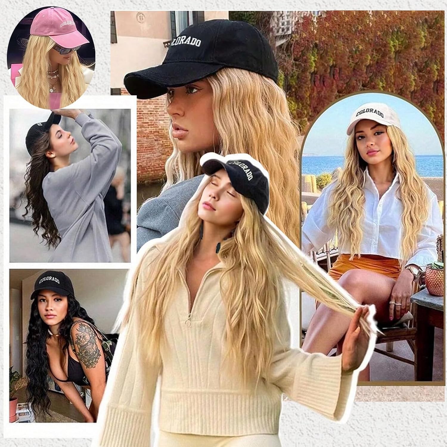 Women Baseball Cap Hat with Long Natural Wavy Synthetic Hair Wig for Party Black