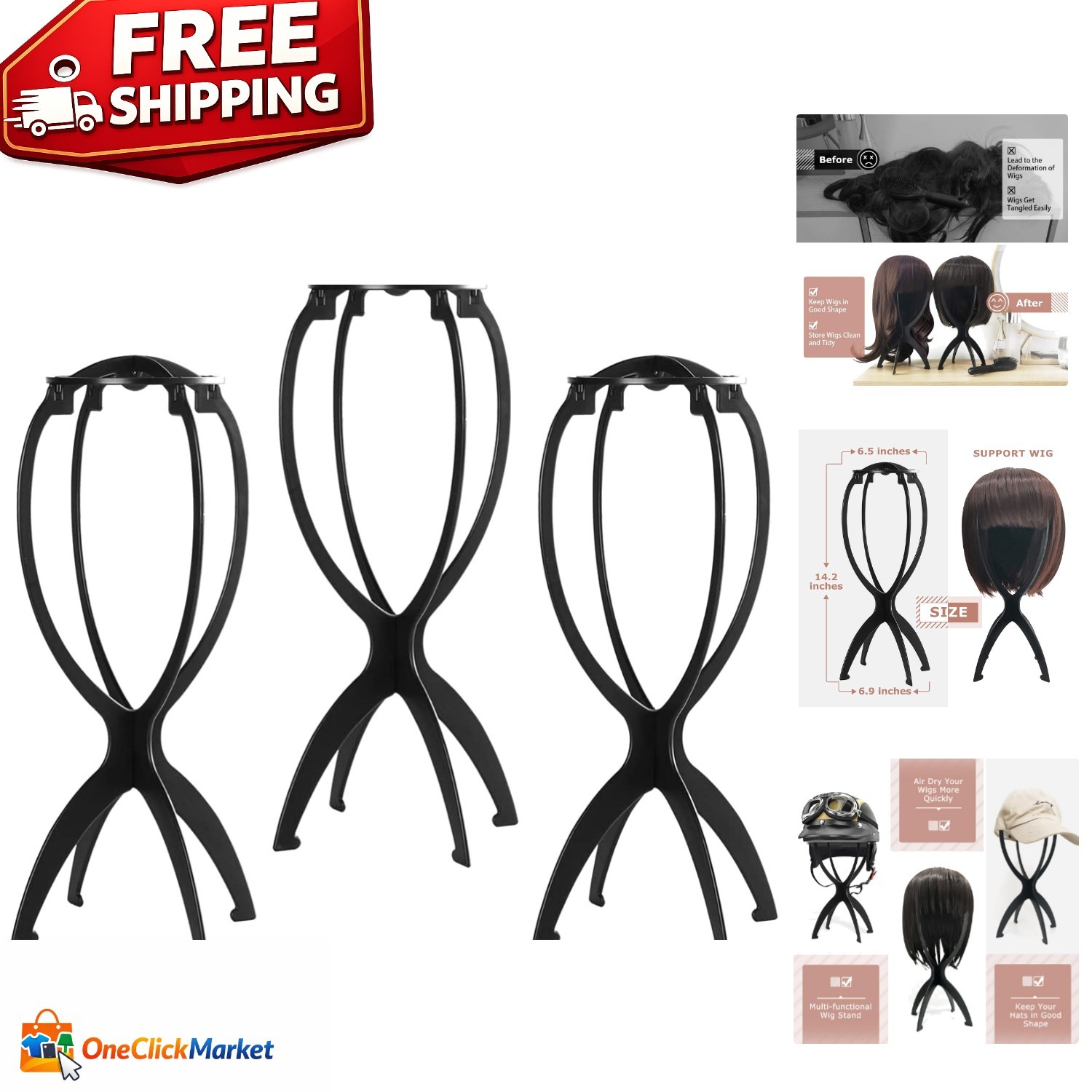 Multi-Purpose Wig Stand Set – Durable Black Holder for Wigs & Masks, 3 Pack
