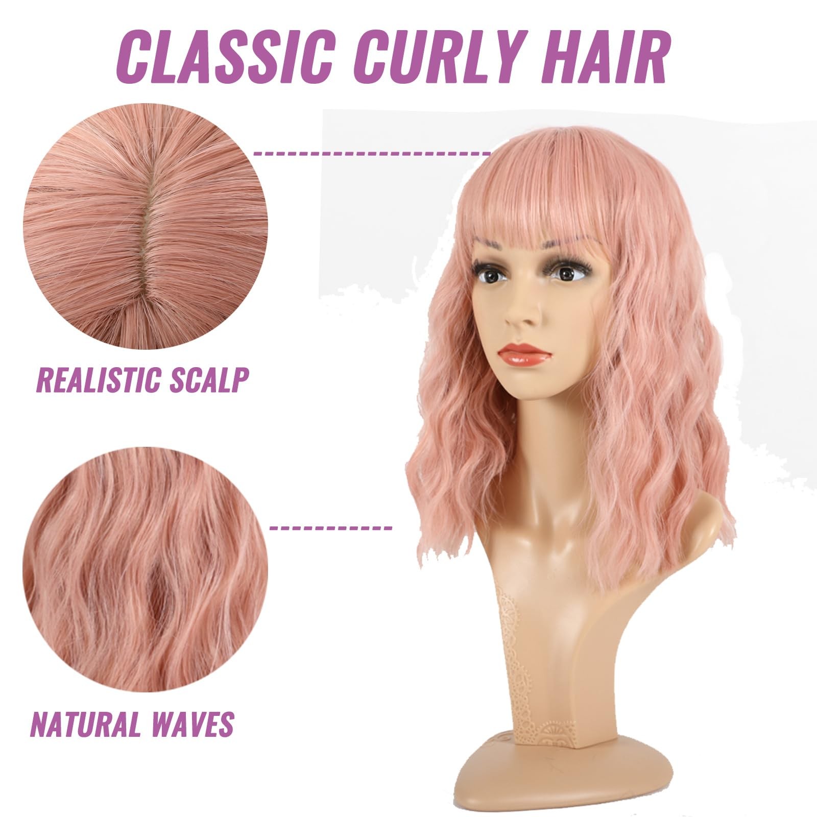 Pink Wavy Wig With Bangs, Wavy Wig for Women，Synthetic Natural Looking Heat R…