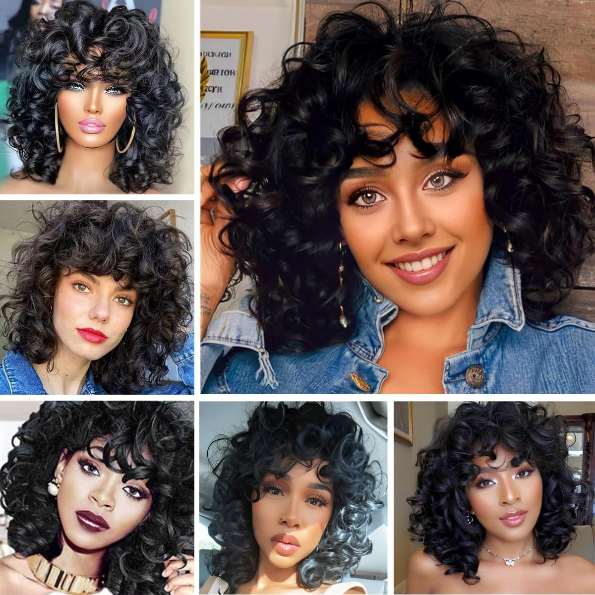 Short Curly Wigs for Black Women Afro Big Curly Wig with Bangs Black Soft Bouncy
