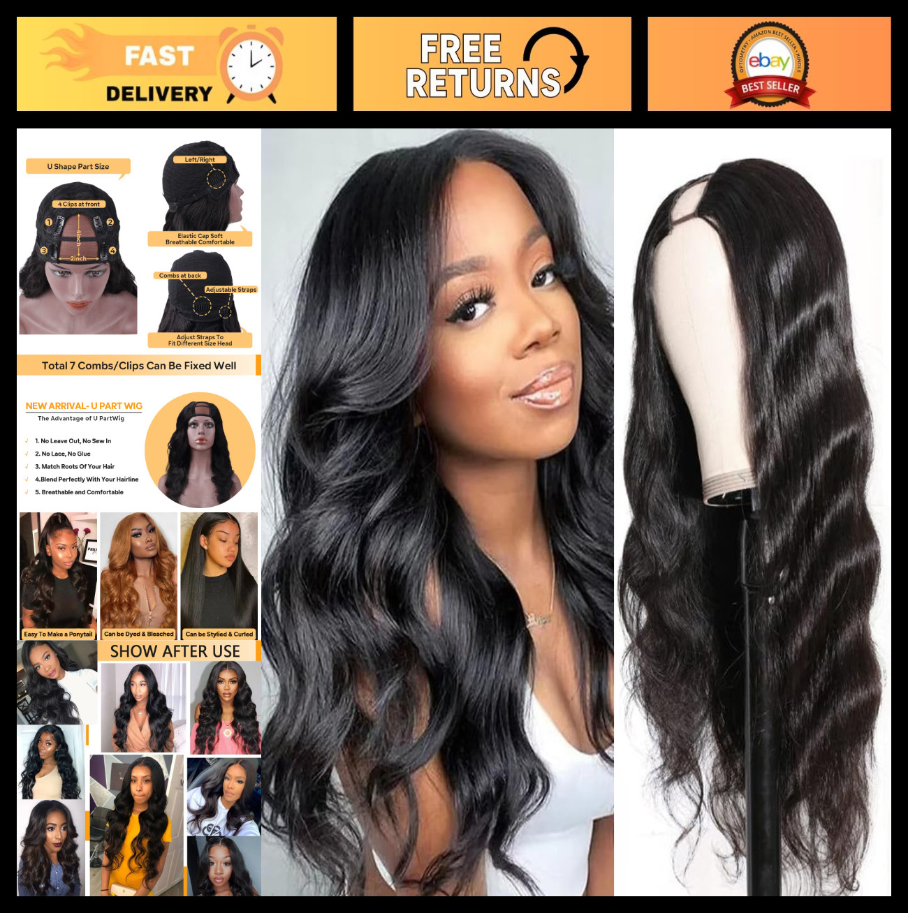 250% Density U Part Human Hair Wig Body Wave 22″ Clip-In for Black Women, No Lea