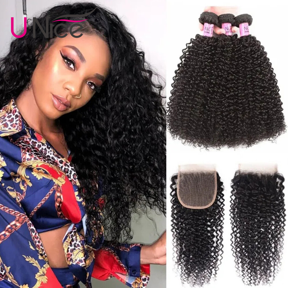 UNice Cambodian Kinky Curly Human Hair Extension Bundles with Lace Closure Weave