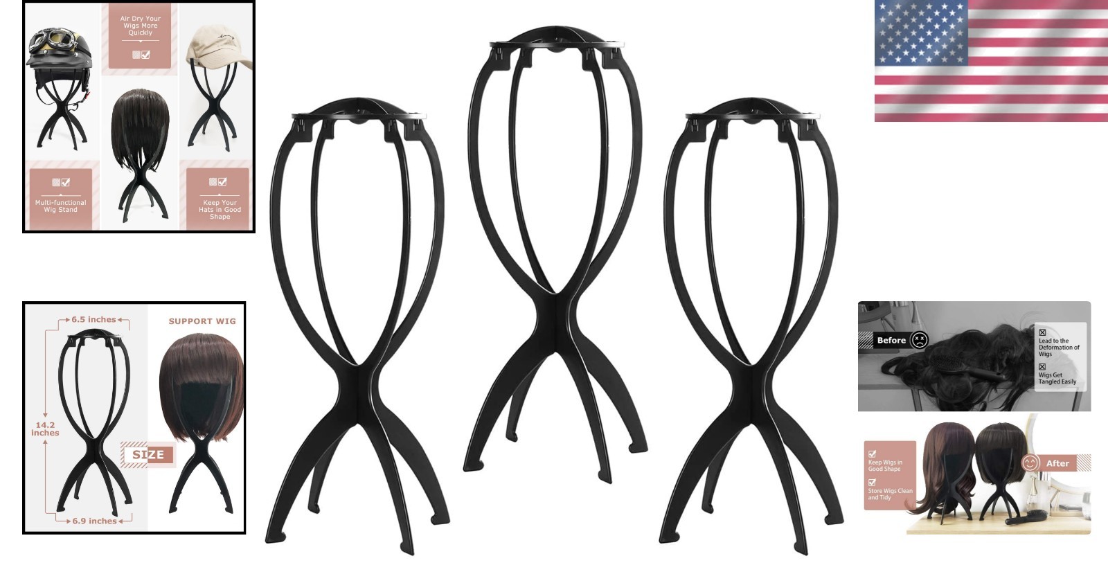 Multi-Purpose Wig Stand Set – Durable Black Holder for Wigs & Masks, 3 Pack
