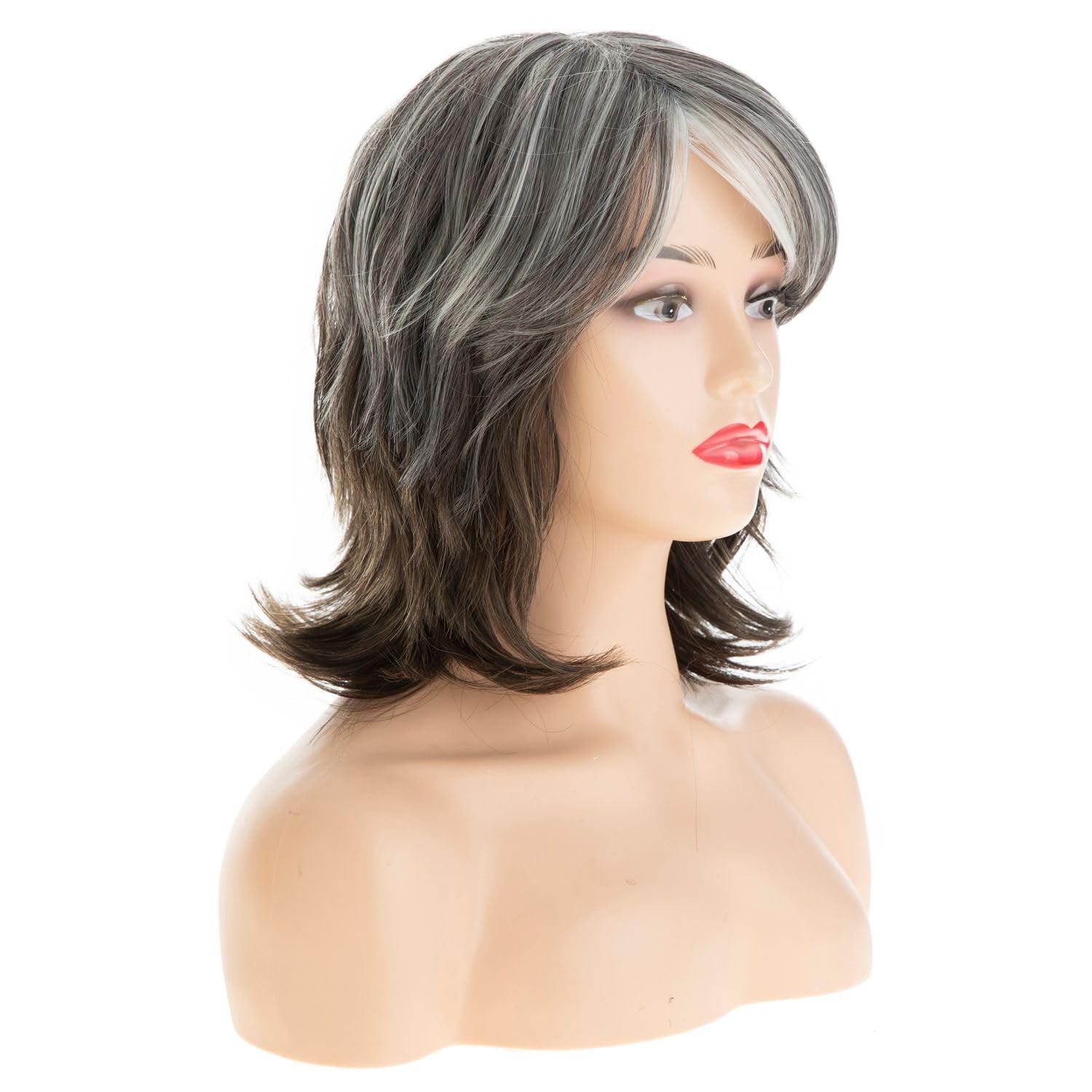 Silver Gray Layered Mid – Length Wig for Women Curly Fluffy Wig with Bangs Sy…