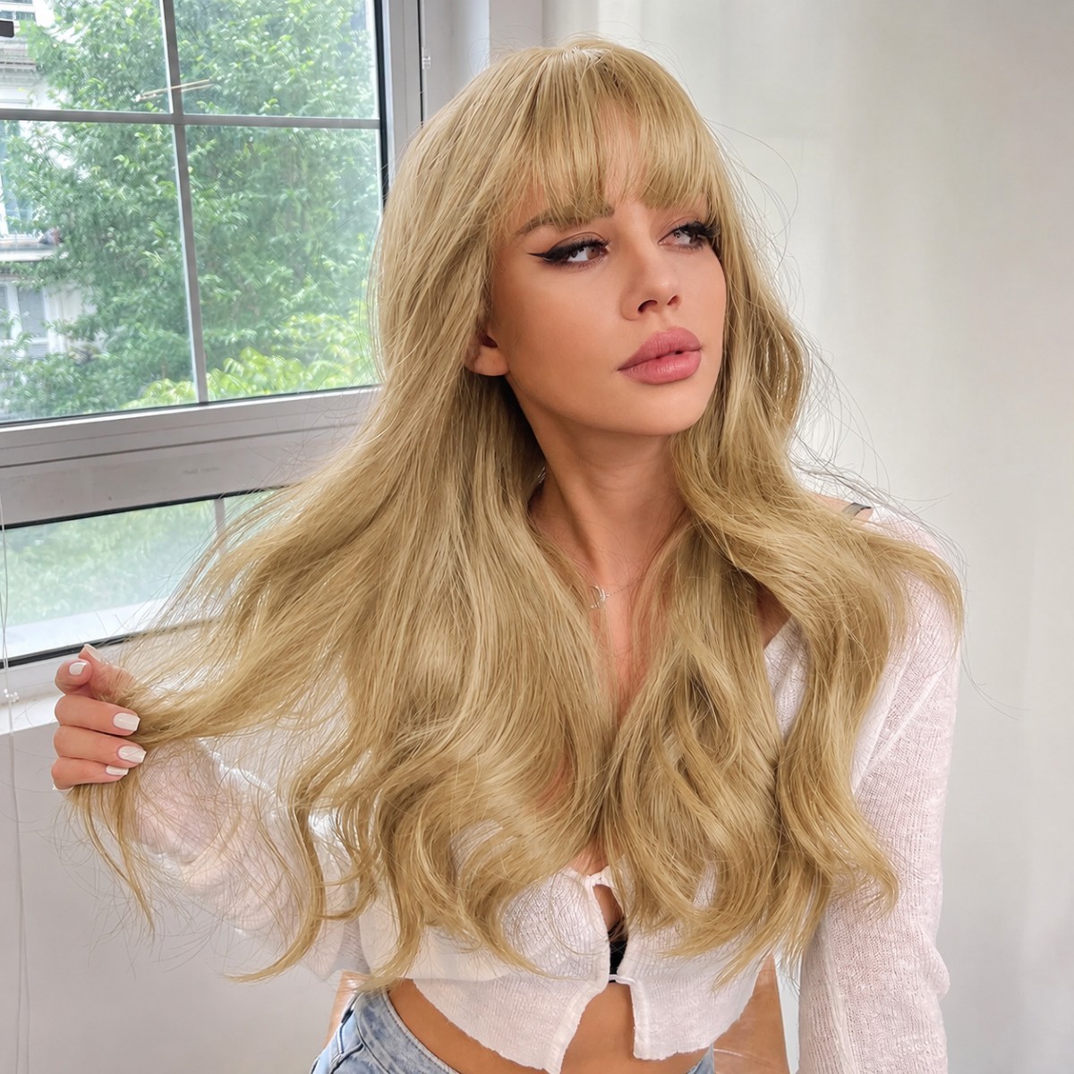 Cosplay Party Wig With Bangs Long Wavy Light blonde Synthetic Hair