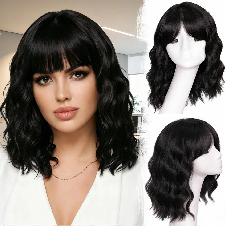 14″ Black Mixed Brown Wig with Bangs Short Wavy Bob Wigs for Women Synthetic