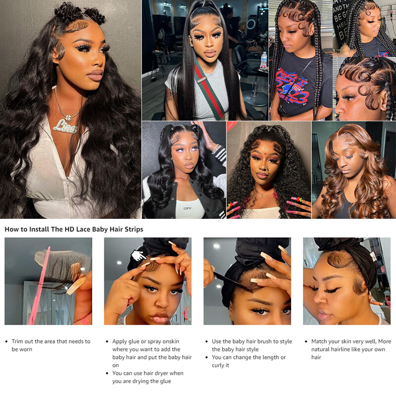 Edges Hair Swiss Lace Baby Hair Stripes Pieces 100% Human Hair Extensions #Black