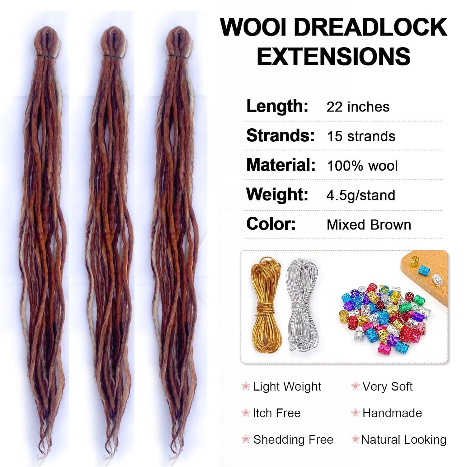 15 Strands 22-Inch Wool Double Ended Synthetic Dreadlock Extensions Mixed Brown
