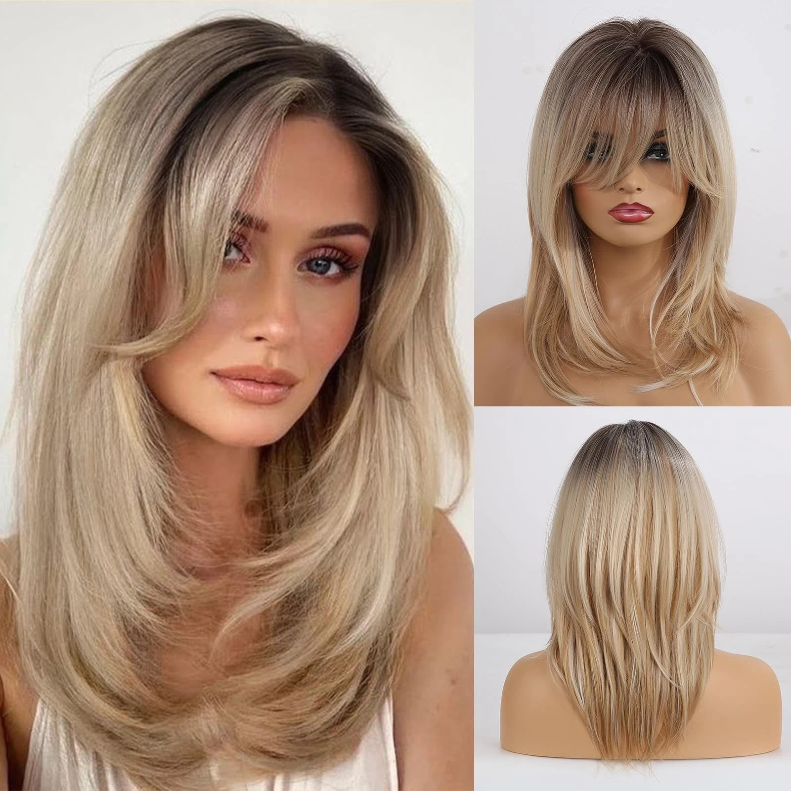 Layered Blonde WigsWomen Synthetic Hair Wig with Bangs Daily Party Use