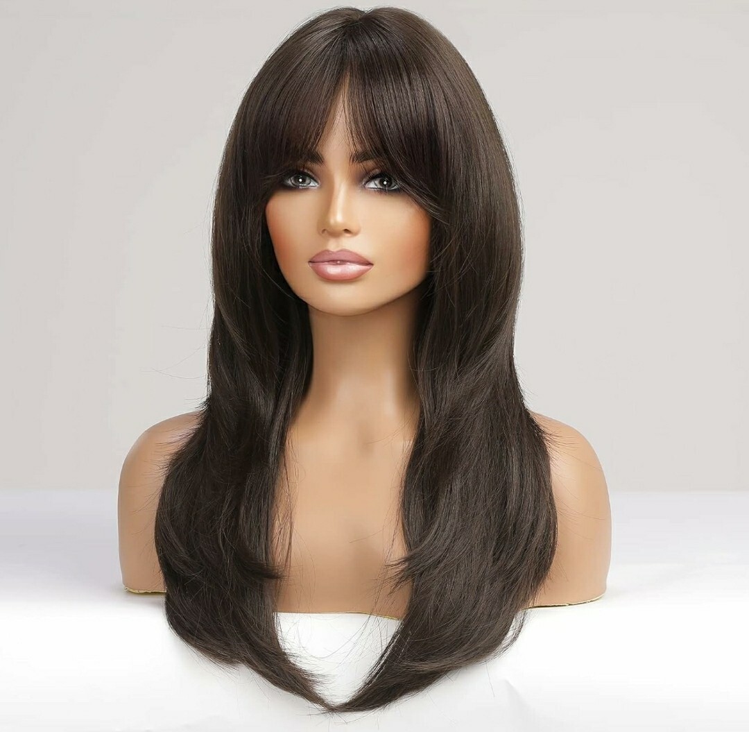 Wig – Human Hair Blend – Long Straight Layered Dark Brown Bangs Heat Resistant