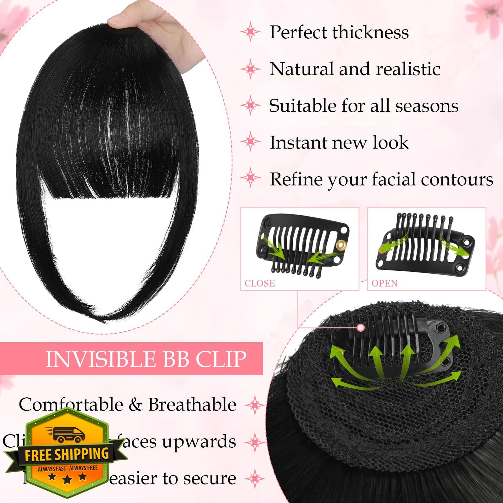 Fanguilar Dark Black French Clip in Bangs Fringe Temples