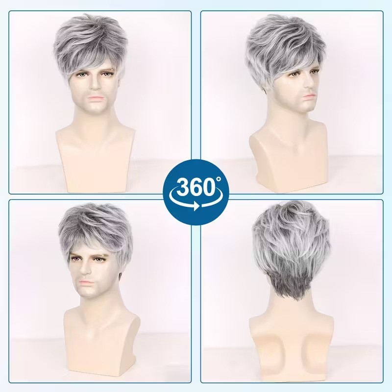 Gray Side Part Short Straight Synthetic Full Wig for Men Daily Casual Wear Heat