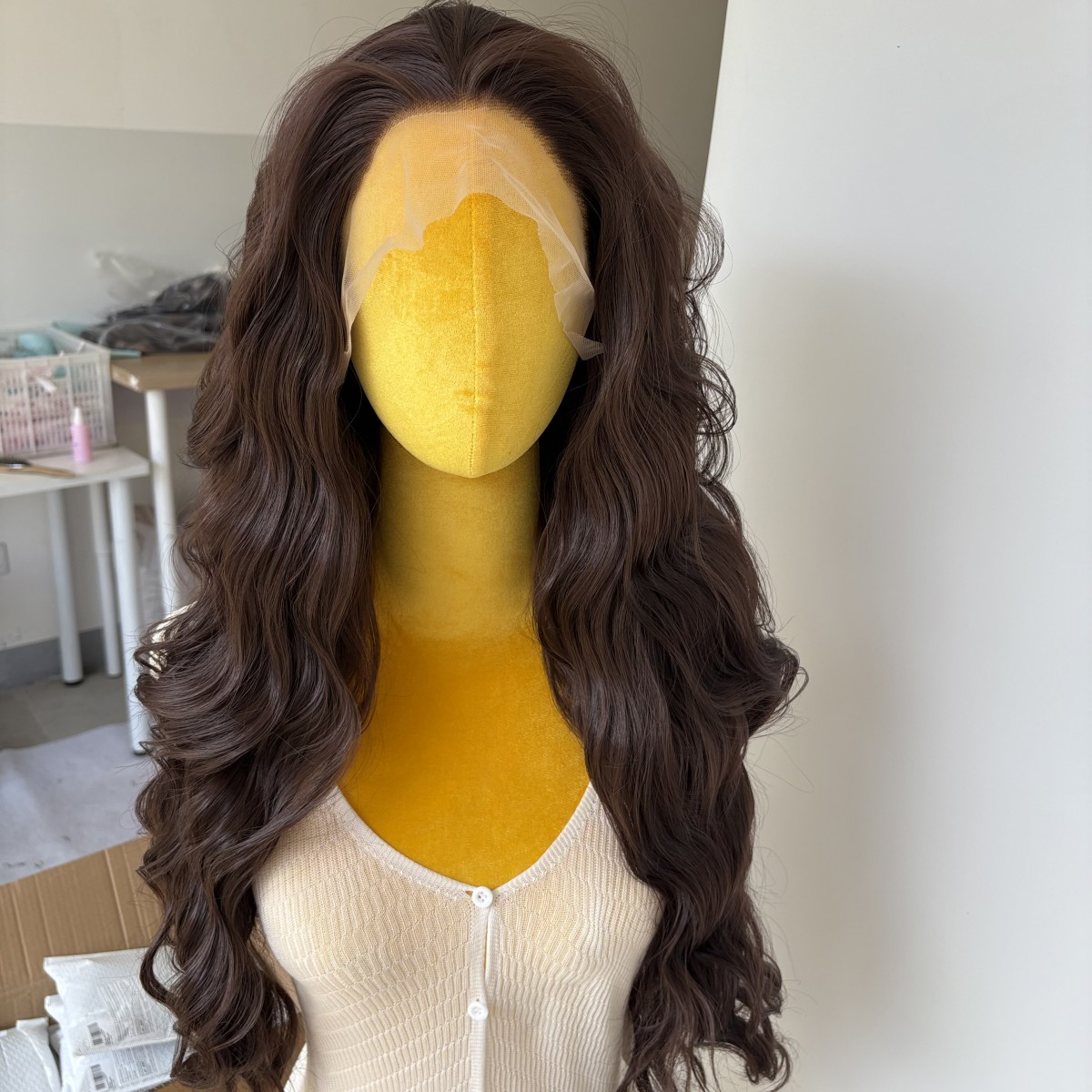 Dark brown Heat Resistant Synthetic Hair Lace Frontal Wigs Long Wavy