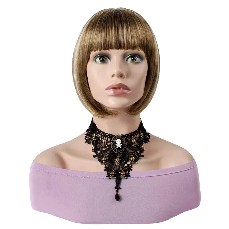 Women’s Gold Blonde Mixed Brown Highlights Short Bob Straight Wig Synthetic Hair