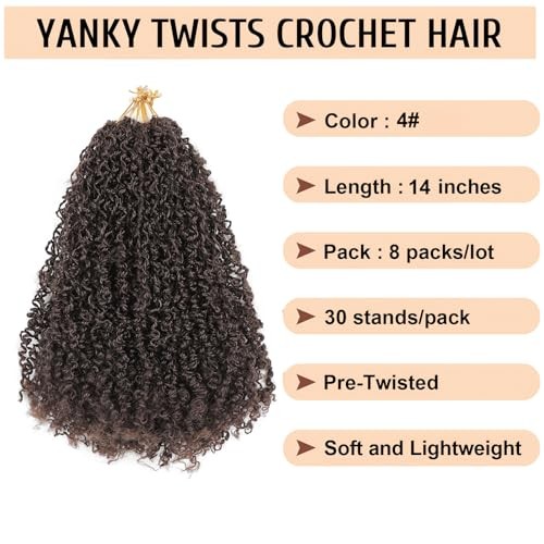 Pre Looped Yanky Twist Crochet Hair 14 Inch 8 Packs Dark 14 Inch (Pack of 8) 4#