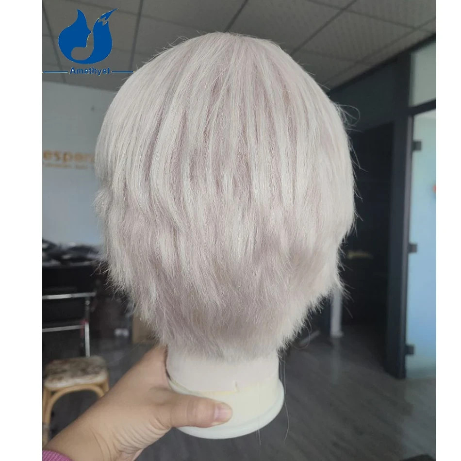 Pre Styled White Platinum Blonde Male Wig Human Hair Short Cut Full Lace Wig #60