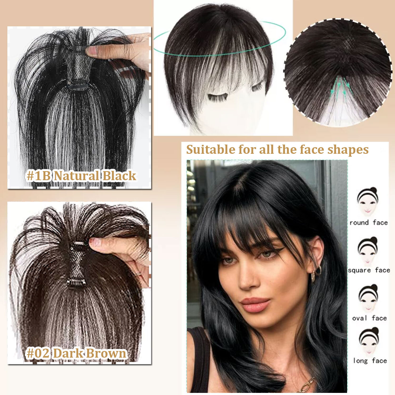 Clip in Bangs Topper 100% Remy Human Hair 360° 3D Wispy Fake Bangs Black Brown X