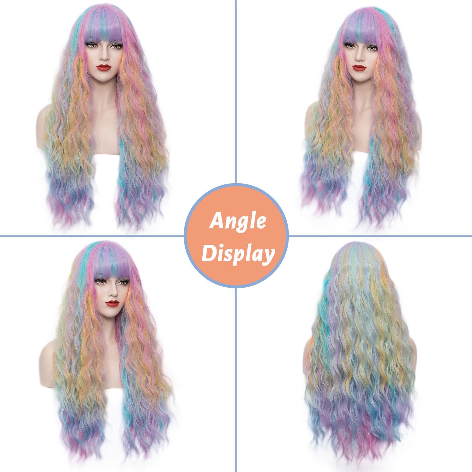 Women’s Multi Color Rainbow Wig 27”Long Curly Wavy Wig Flat Bangs Wig For Wo…