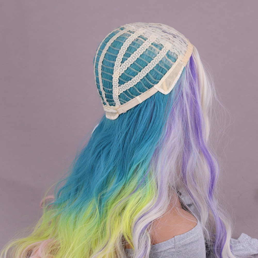28in Women’s Multi Color Rainbow Wig Long Curly Wavy Wig Cosplay Party Wig