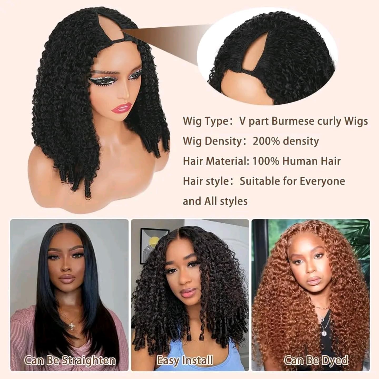 18″ Curly V Part Wig Human Hair, 200% Density, Glueless Clip-In, Natural Color