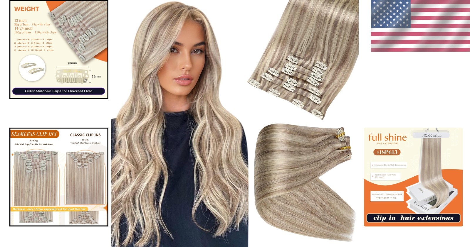 Customizable 18 Inch Blonde Clip-Ins – Real Human Hair Extensions, 120g Set