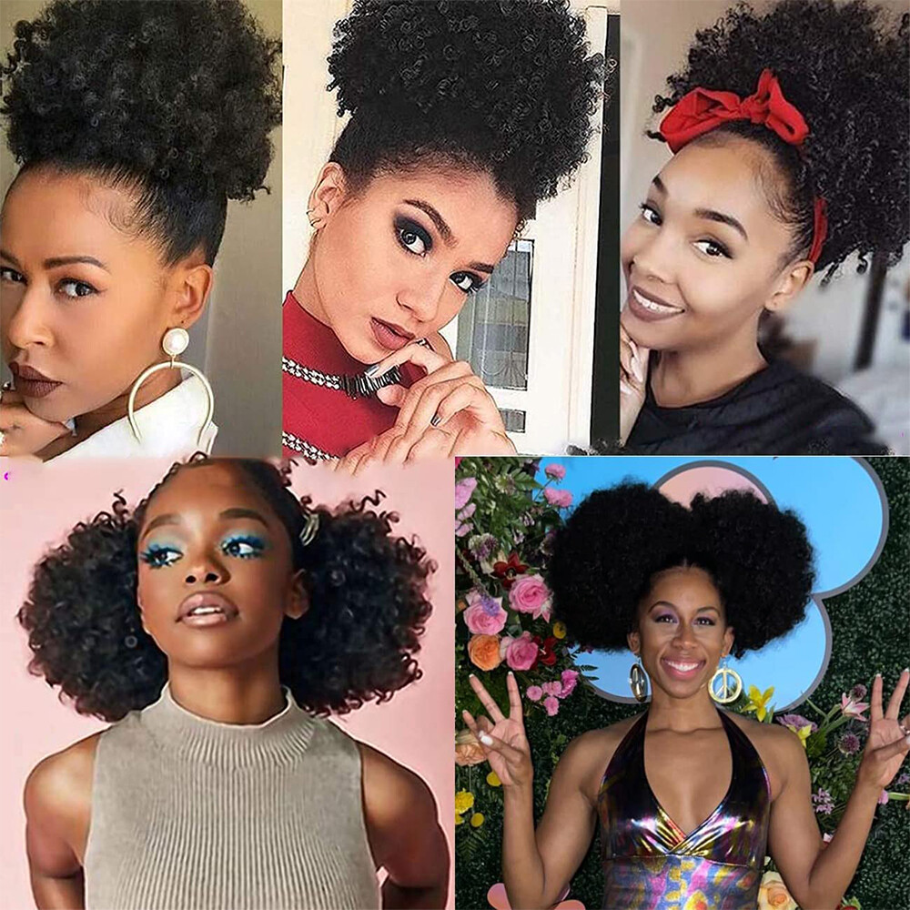 100% Human Hair Afro Curly Puff Drawstring Ponytail Extension Clip In On Bun