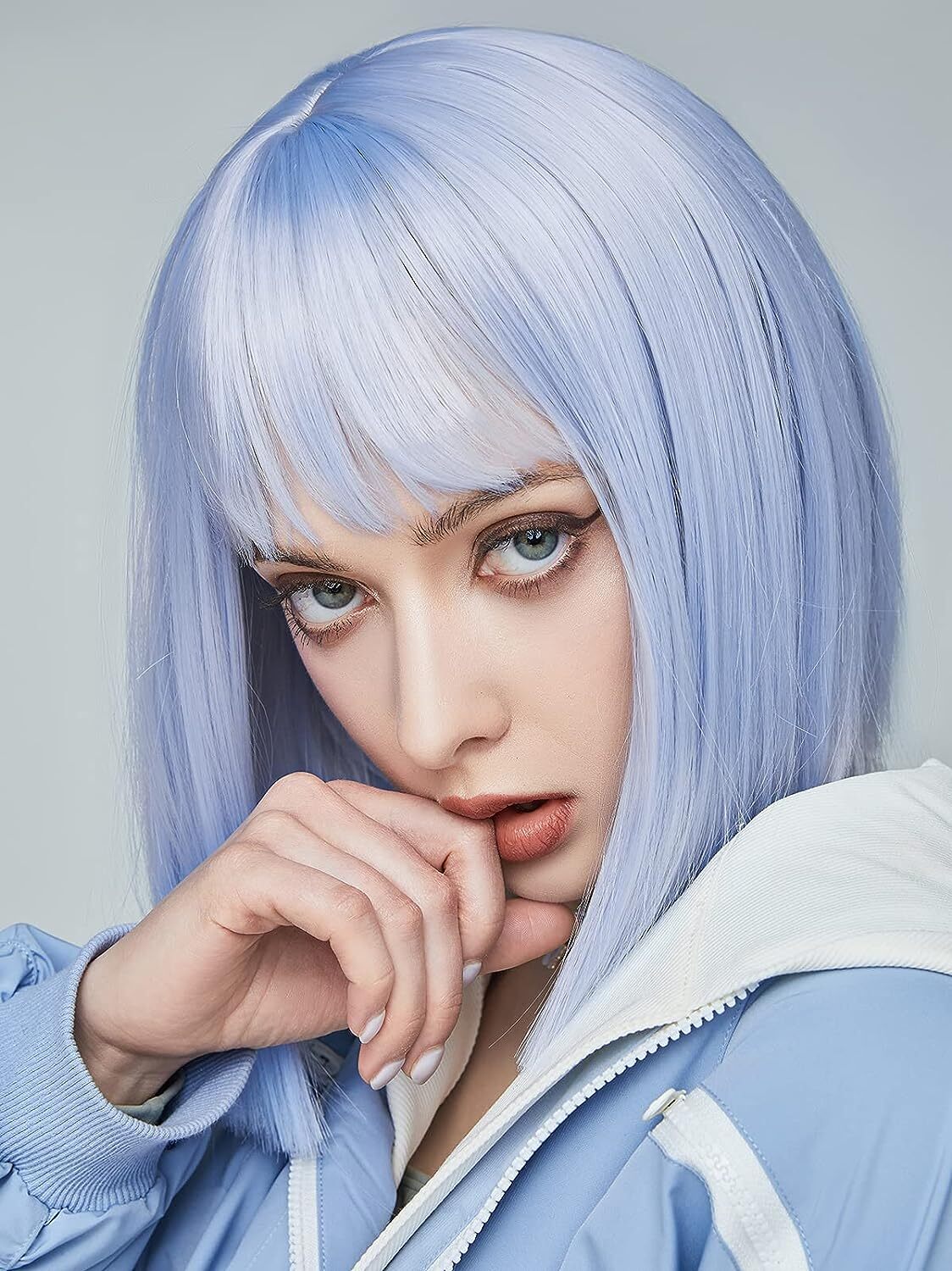 Straight Blue Short Hair Bob Wigs With Bangs Cosplay Party Halloween