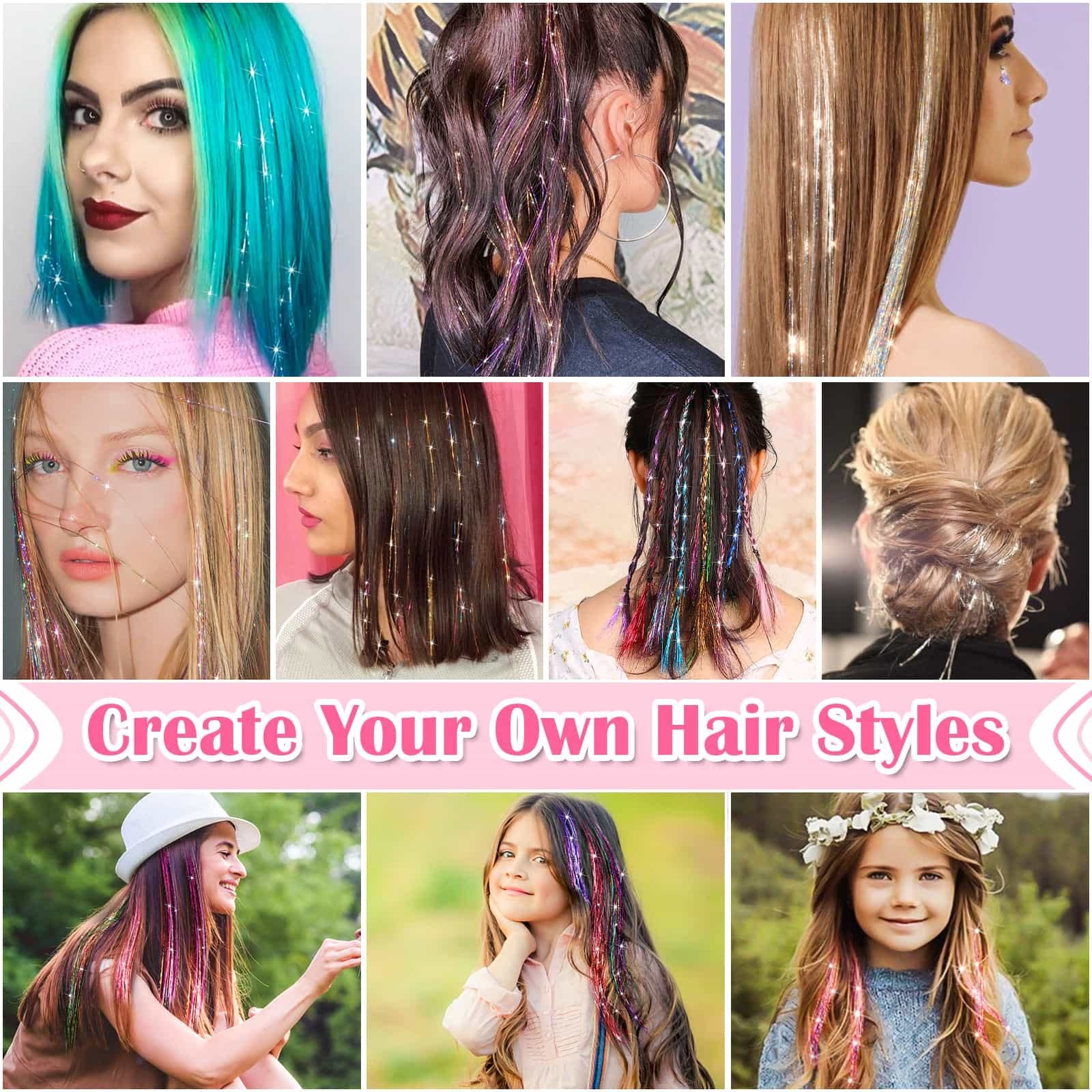 Hair Tinsel Kit (48 Inch, 16 Colors, 3200 Strands), 48 16 Mixed Colors