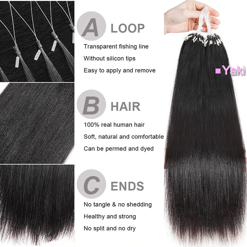 Kinky Straight YAKI Micro Links Loop Ring Beads Human Hair Extensions Pre Bonded