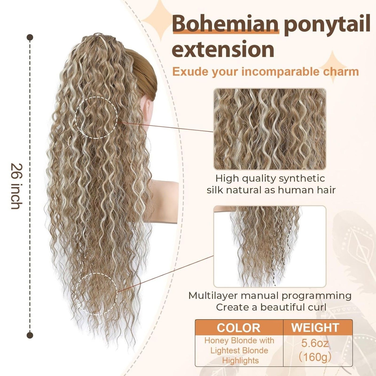 26 Inch Bohemian Style Drawstring Hair Extension, 19C-201H004
