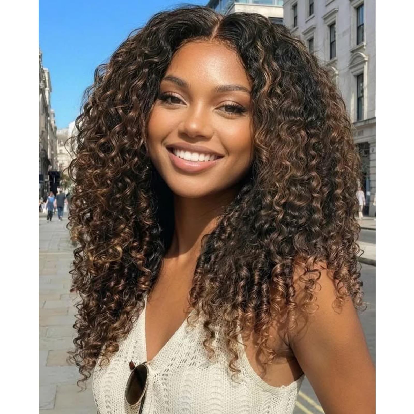 Glueless Human Hair Half Wig 28″ 200 Density Curly Drawstring 1B/30 Highlights