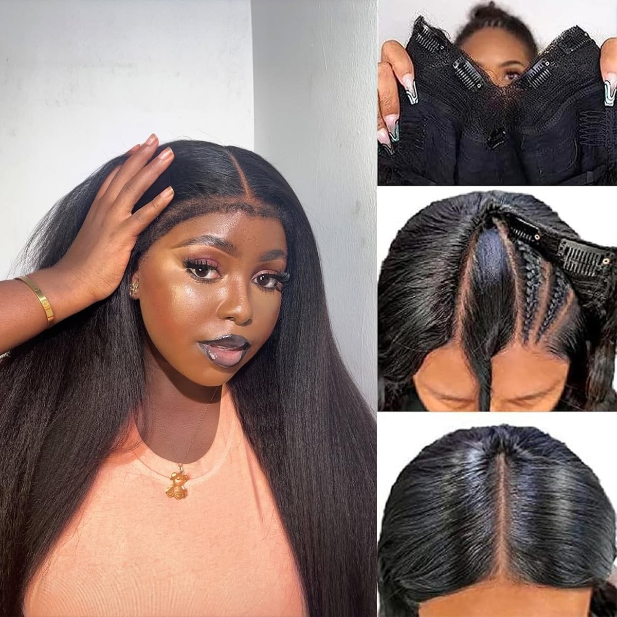 24 Inch Kinky Straight V Part Wig – 180% Density Clip-In Human Hair, No Glue, No