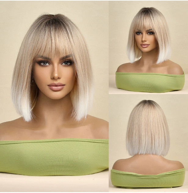 Medium Bob Dark Rooted Blonde Mix Synthetic Hair Wigs Women Soft Natural