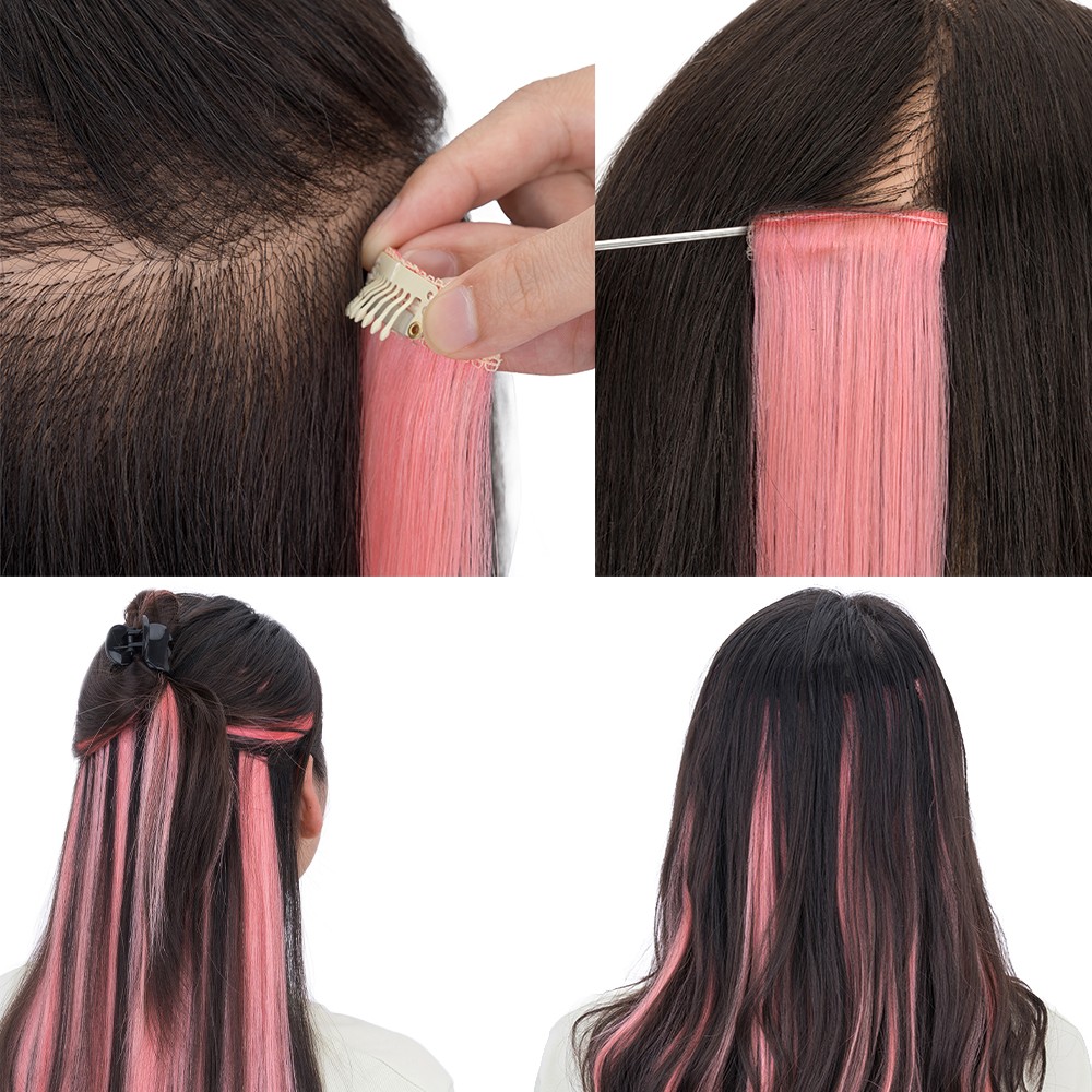 Clip In Real Human Hair Extensions 6Pcs Short Pink Straight Hairpieces for Women