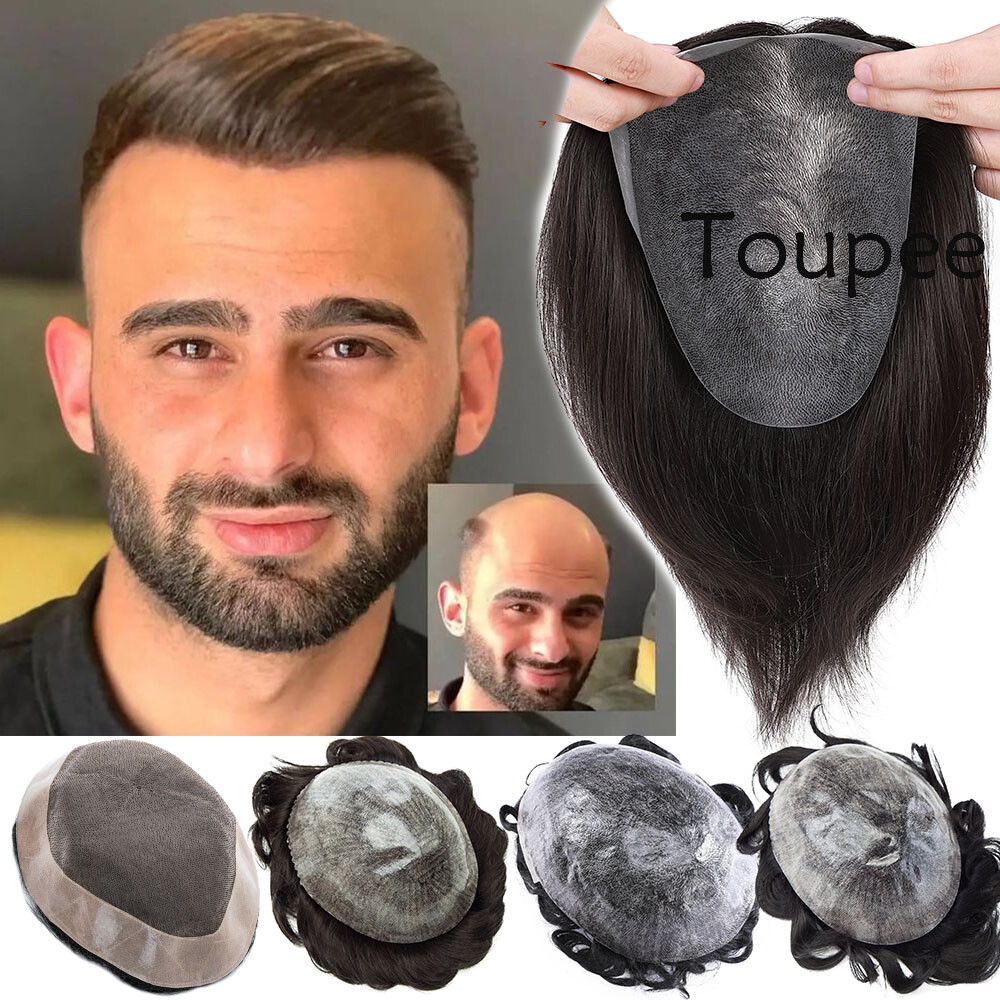 Natural Mens Human Hair Toupee Full Poly Skin Injected PU Replacement System Wig