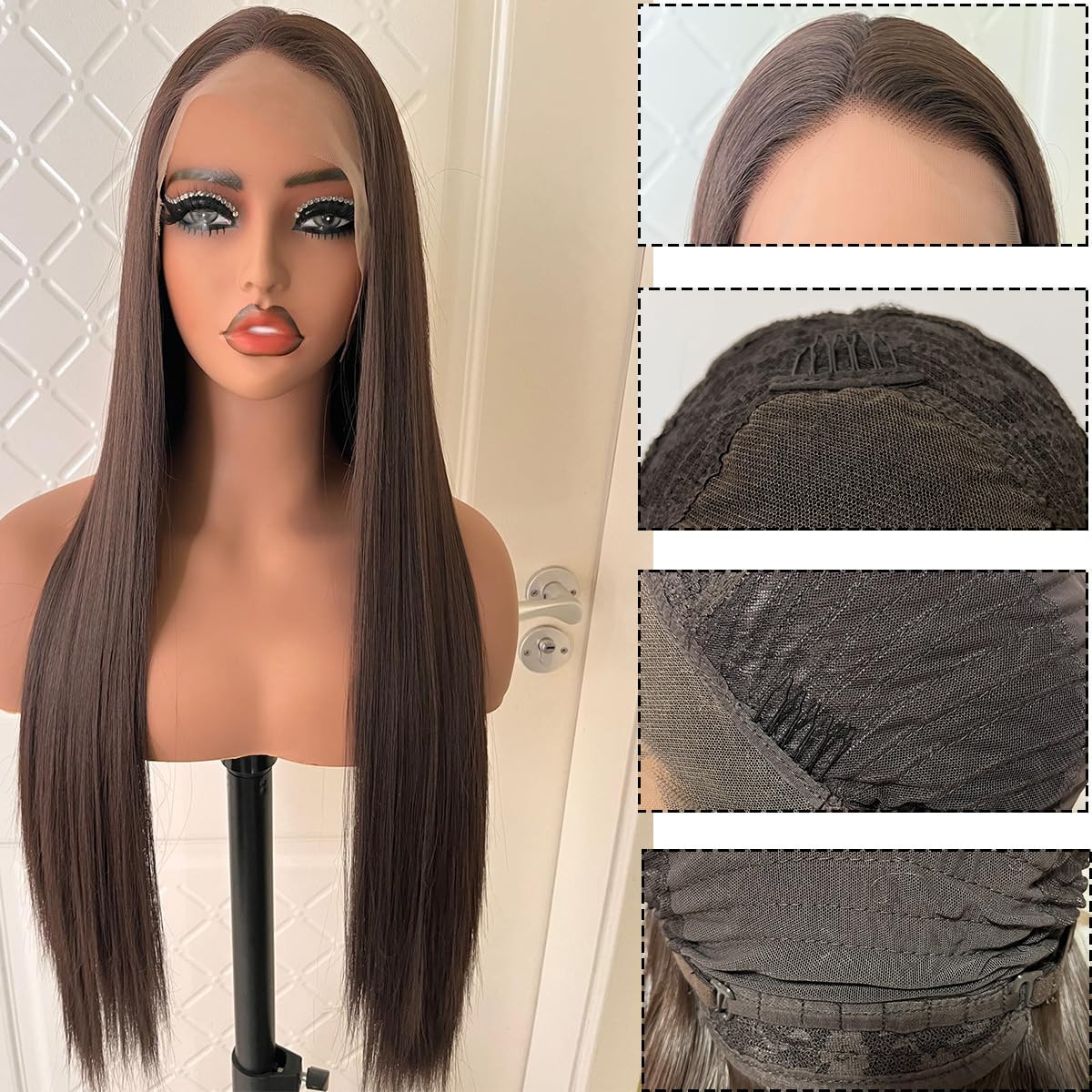 Synthetic Lace Front Auburn Wig Pre Plucked Dark Brown Glueless Wigs for Black W