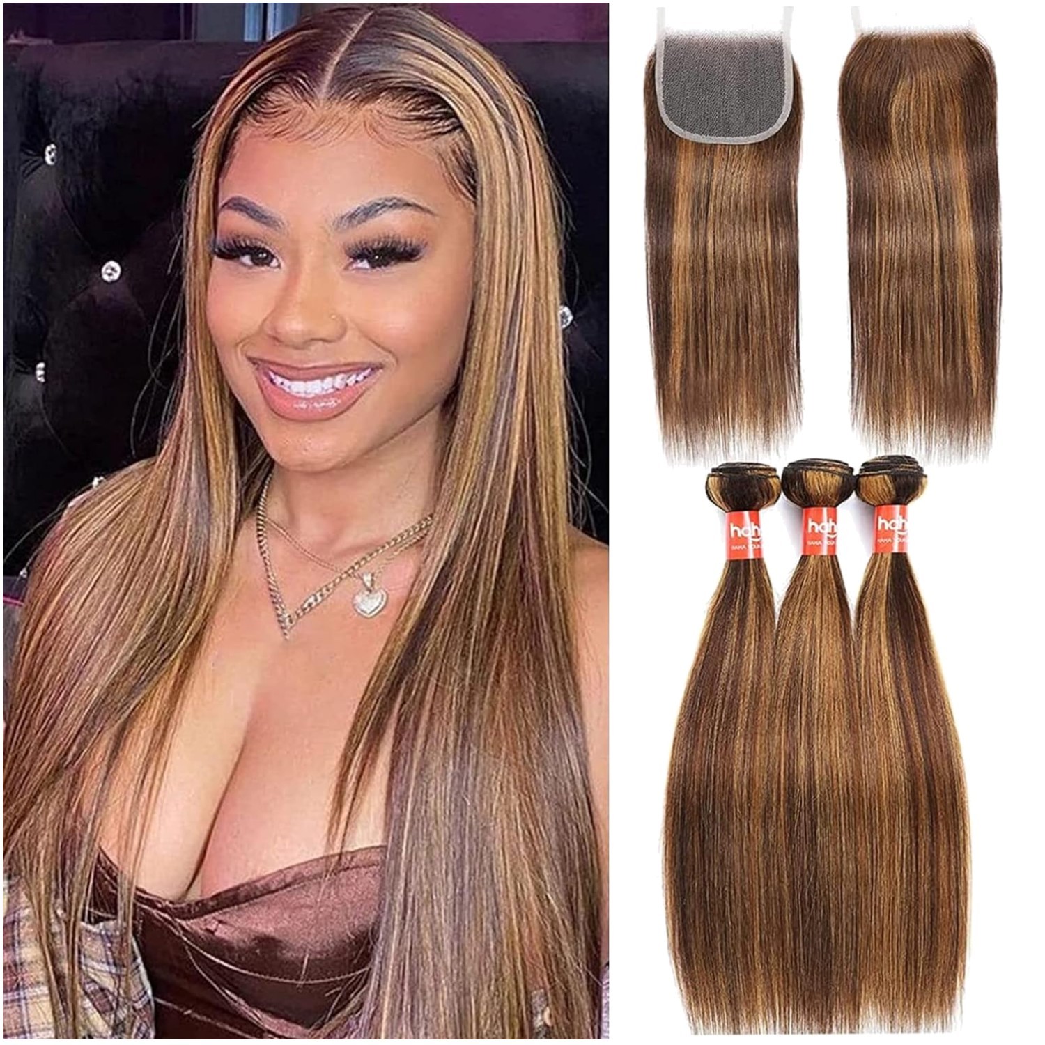 Highlight Blonde Ombre Bundles with Closure 12 12 12+10 Inch
